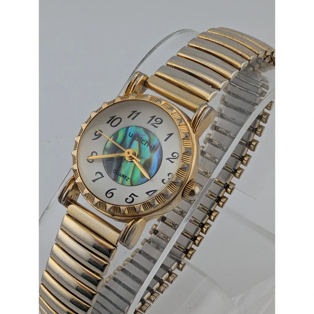 Vintage Watch-It Women's Abalone Dial Gold Stretch Band Watch- New Battery